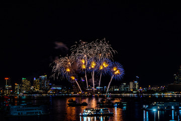 PATTAYA, THAILAND - MAY24: Beautiful lights on the night, colorful fireworks, and International fireworks at Pattaya International Fireworks Festival 2019 on May 24,2019 in Pattaya,Thailand.