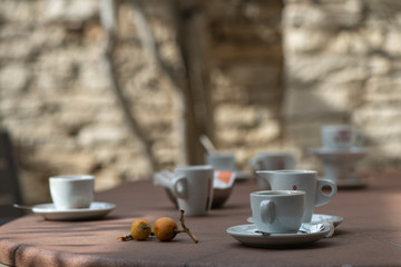 Coffee cups on the table after breakfast