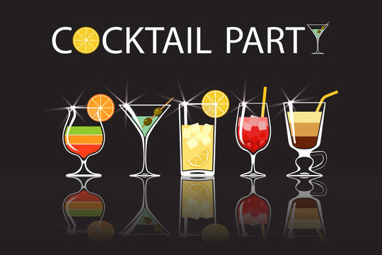 Set of cocktails isolated on black background