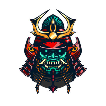 recommend clip art: Evil Samurai Mask. Demonic face. Tattoo