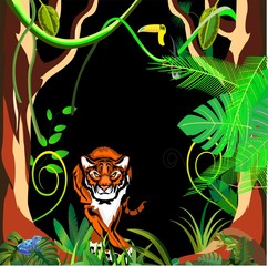 Tiger in night jungle, jungle plants frame in background, vector illustration