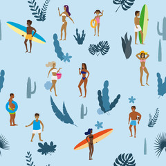 Fototapeta na wymiar Summertime seamless pattern. People having fun on the beach, relaxing and performing summer outdoor activities at beach