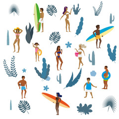 Fototapeta na wymiar Set people at beach or seashore relaxing and performing summer outdoor activities at beach