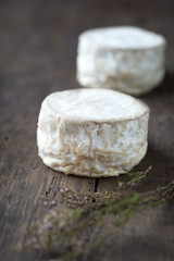 Soft french cheese of camembert on wooden table