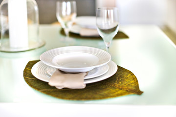 Fototapeta na wymiar Empty plates on a leaf design and glass