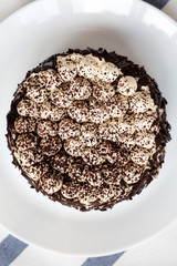 Homemade tiramisu cake on a white plate, view from above. Flat lay, overhead, top view. Close-up.