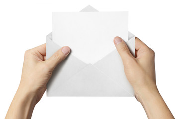 Hand holding an open white envelope with a blank paper inside, isolated on white background