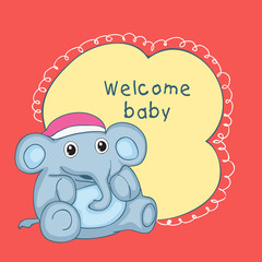 Baby shower celebrations card with toy elephant.
