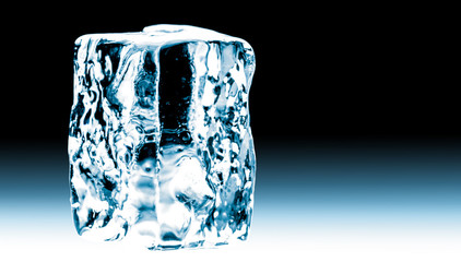 Crystal clear transparent shiny ice block, isolated on black background.