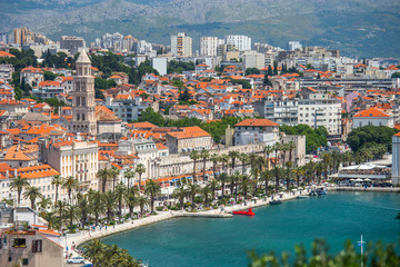 Fototapeta na wymiar Panorama of the old town of Split in Dalmatia, Croatia. City center, palace of Roman emperor Diocletian and cathedral. Popular tourist destination in Europe.