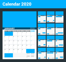 Wall Calendar Planner for 2020 Year. Vector Design Print Template with Place for Photo and Notes. Phases of the Moon. Week Starts on Monday. Set of 12 months