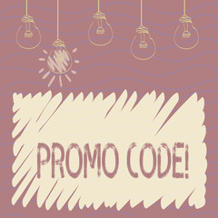 Handwriting text Promo Code. Conceptual photo consisting letters numbers consumers can enter obtain discount Set of Transparent Bulbs Hanging with Filament and One is in Lighted Icon