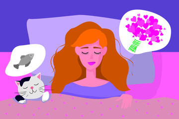 Girl sleeping in bed with her cat and they have different dreams about love and fish. Vector illustration in flat cartoon style.