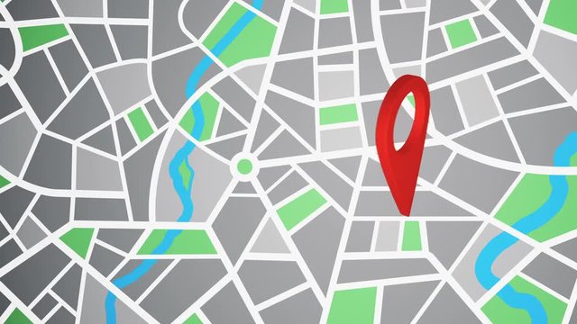Rotating red pinpoint on the map. Geolocate navigation map with pinpoint spot find a location. Schematic map of the city with a red pinpoint. Seamless loop animation in 4K