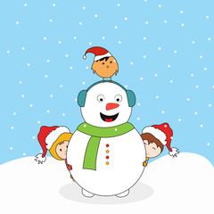 Concept of snowman with little cute kids and love bird.