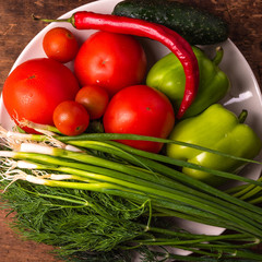 Fresh vegetables, tomatoes, cherry tomatoes, green peppers, chilli peppers, onions, cucumbers, garlic and herbs in a plate on a rustic wooden table - rural style, healthy, organic food concept