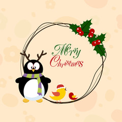 Merry Christmas celebration concept with penguin, love bird and mistletoe.