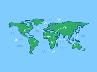 World travel map on blue background. Line art design. Vector illustration.