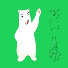 illustration. Without background. Cute polar bear. Cheerful character. The bear waves his hand. Bear points up. Bear on an ice floe with fish, contour.