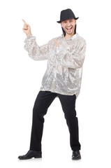 Performer in shiny costume isolated on white