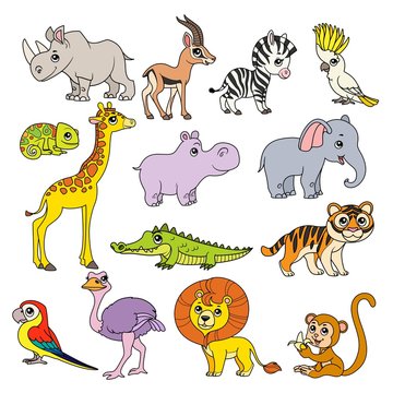 Cute cartoon various African animals set color doodle with black outline on a white background for coloring page