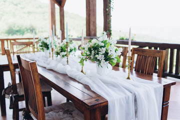 Eco-friendly, wedding decor. Wooden table newlyweds for a party.