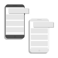 Two smartphones with floating message form. Template for chat conversation and incoming text on mobile phone.