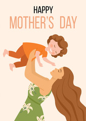 Happy Mothers Day. Vector illustration with woman and her child. Beautiful template. Can be used for banner, poster, card, postcard and printable.