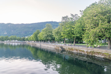 Fototapeta na wymiar Morning view of boulevard with trees on Obersee lake (Lake Constance) in Bregenz, Austria.