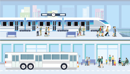 Öffentlichen Verkehrsmittel –Bus und Bahn Illustration - obrazy, fototapety, plakaty