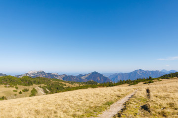 Fototapeta na wymiar Rolling Hills on Mountain Range near Mountain Geigelstein, Schleching, with dry grass, Mountains Kampenwand, Hochplatte, Hochfelln and Hochgern in background