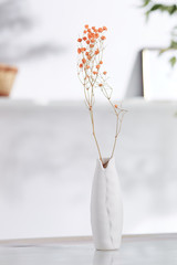 Shot of interior design. There is floral composition in middle with immortelle twigs in ceramic vase with skewed opening and relief surface. On blurred background there is wall shelf with photoframe.