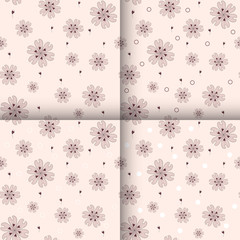 Vector set of 4 seamless floral patterns of doodle flowers with brown and white elements, circles and dots