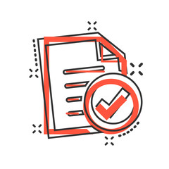 Compliance document icon in comic style. Approved process vector cartoon illustration on white isolated background. Checkmark business concept splash effect.