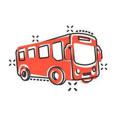 School bus icon in comic style. Autobus vector cartoon illustration on white isolated background. Coach transport business concept splash effect. © Lysenko.A