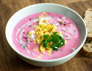 Cold beetroot soup with beef, vegetables and eggs