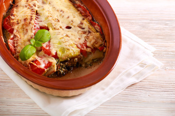 Vegetable lasagna in a tin