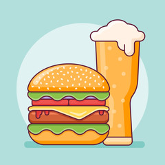 Burger and beer glass flat line icon. Fast food vector illustration.