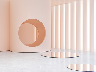 3d rendering. Minimal interior scene to show beauty summer products. Scene with minimalistic shapes, arches and circle in the background, minimalistic geometrical forms mirrors. Pastel colors. 