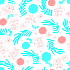 Fototapeta na wymiar plants drawn in light blue and pink colors with circles on a white background 