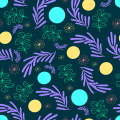 Naklejka na ściany i meble plants drawn in blue and green colors with circles on a dark background