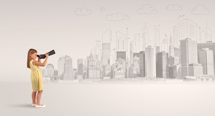 Cute little girl looking through spyglass to a big city
