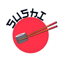 Japanese Sushi logo design. Chopsticks Holding Sushi Roll. Oriental food. Vector illustration