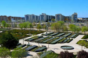Valdespartera, Zaragoza / Spain - March 27, 2019: View of the park and residential buildings. Developed as part of a city council's program to support the young families and eco friendly construction