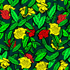 bush of yellow roses and green leaves drawn on a blue background