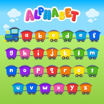 Cartoon vector Alphabet. Small Letter. Font. Train.