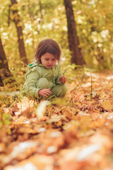 A child in a tracksuit sits and plays merrily with yellow leaves in the forest, open air, day, portrait