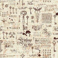 Vector seamless pattern with vintage keys and lettering. Medieval manuscript with sketches, blots and spots in retro style. Hand drawn illustration. Wallpaper, wrapping paper or fabric