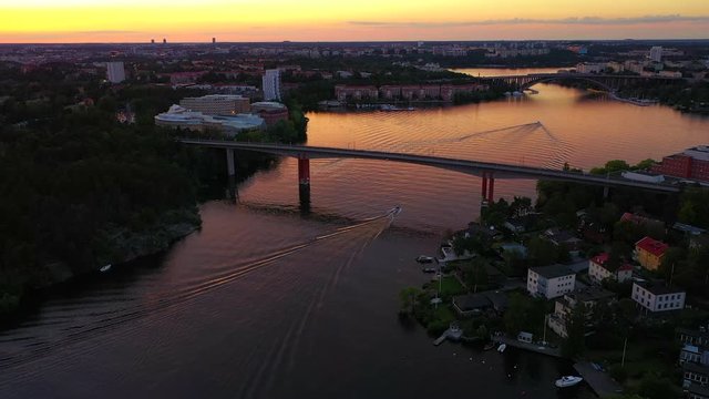 Aerial footage of the Stockholm island Stora Essingen and the bridges Alviksbron and Tranebergsbron