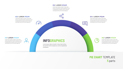 Vector pie chart infographic template in the form of semicircle divided by five parts